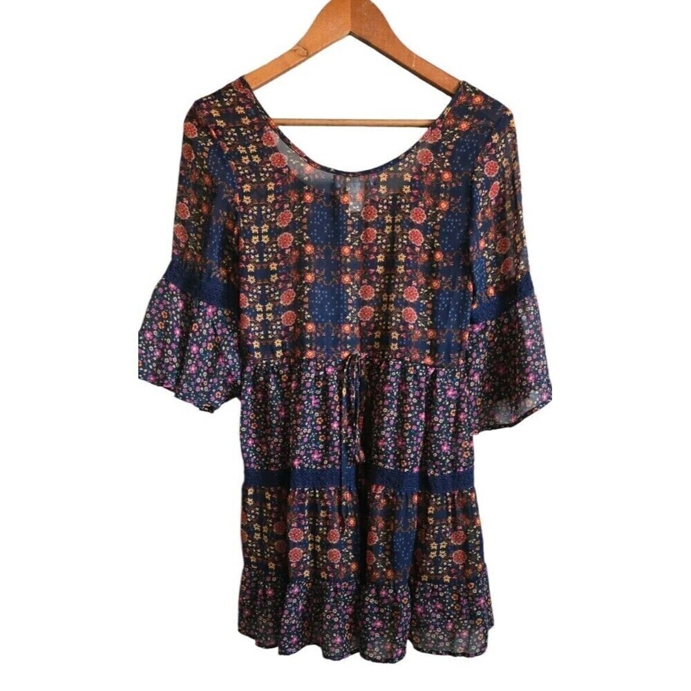 Band Of Gypsies Blouse Womens XS Mixed Floral Print Semi-Sheer Bell Sleeves - Picture 5 of 7
